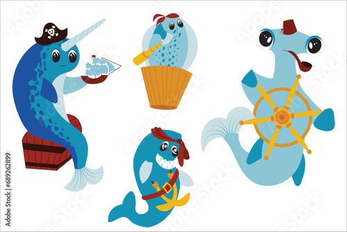 Pirate party - a set of elements for a children's birthday. Cute fish pirates. Funny characters in cartoon style shark, narwhal, flounder, hammerhead shark. Vector illustration.