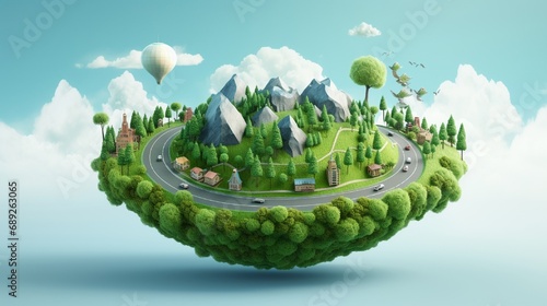 3d illustration of floating road on earth globe concept design isolated with trees, mountains, animals and clouds. travel and tourism background.