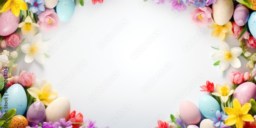 colored easter eggs decoration frame on bright background copy space