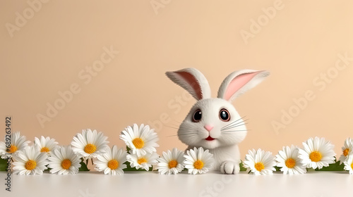 the Easter bunny sits surrounded by daisies
