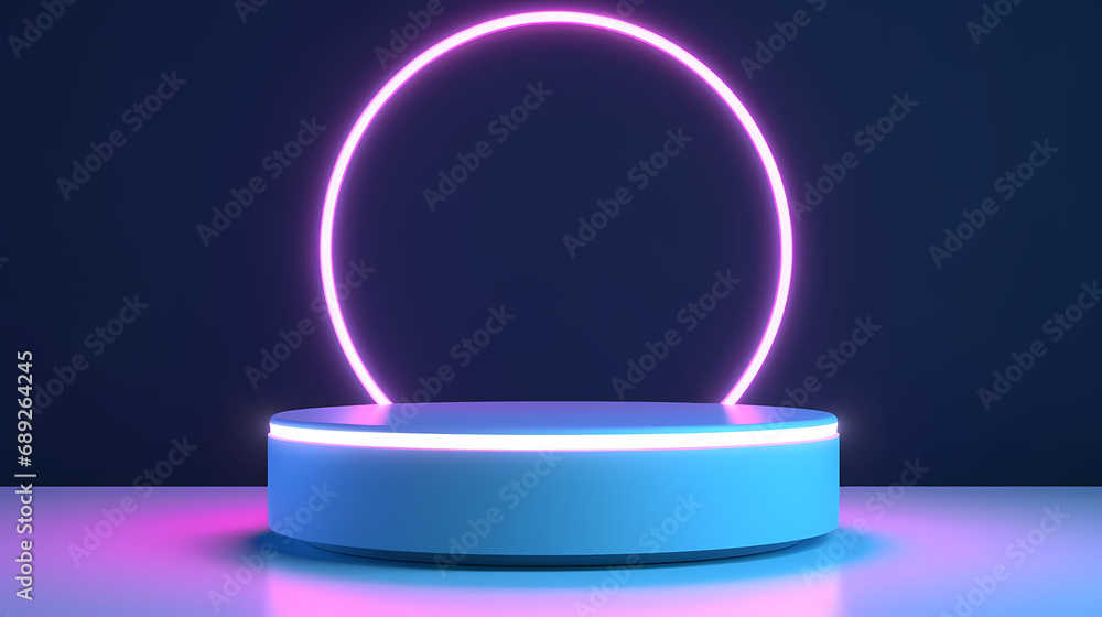 Product podium with neon circle on blue studio background, mock-up for your design Product podium with neon circle on blue studio background, mock-up for your design