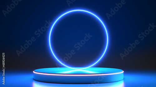 Product podium with neon circle on blue studio background, mock-up for your design