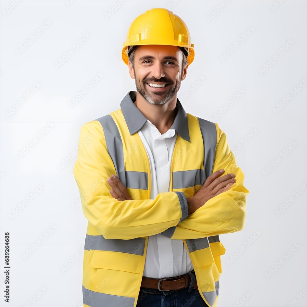 Building sector and industrial workers concept. confident young europe engineer, construction manager in reflective clothes helmet cross arms smiling sassy ensuring quality white wall Building sector and industrial workers concept. confident young europe engineer, construction manager in reflective clothes helmet cross arms smiling sassy ensuring quality white wall