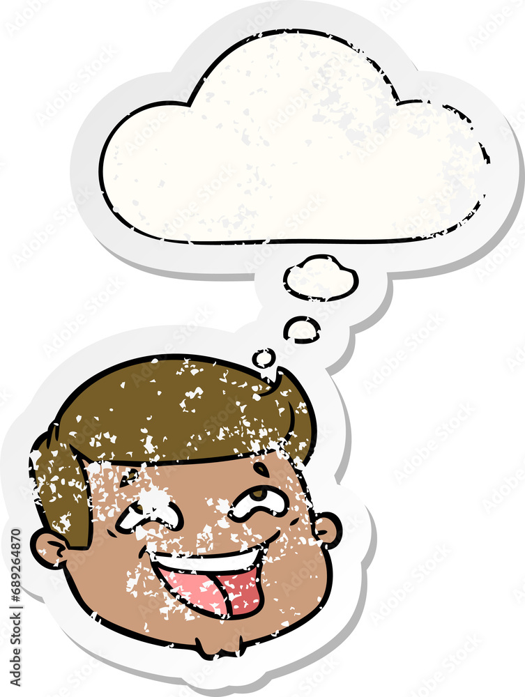 happy cartoon male face with thought bubble as a distressed worn sticker happy cartoon male face with thought bubble as a distressed worn sticker