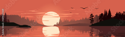 Panoramic landscape of sunset over the lake. Beautiful landscape of a large lake with reflections, an amazing red sunset against the backdrop of silhouettes of trees, hills and clouds.