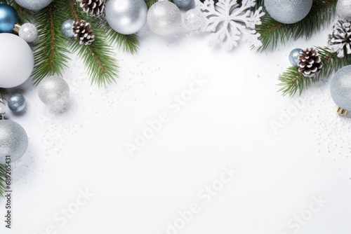 Frame of Christmas balls and pine branches on a frozen white background