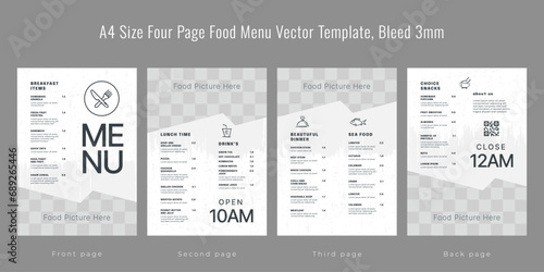 Restaurant cafe menu, template design, A4 size four page food menu template, Bleed 3mm