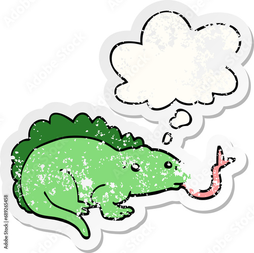 cartoon lizard with thought bubble as a distressed worn sticker