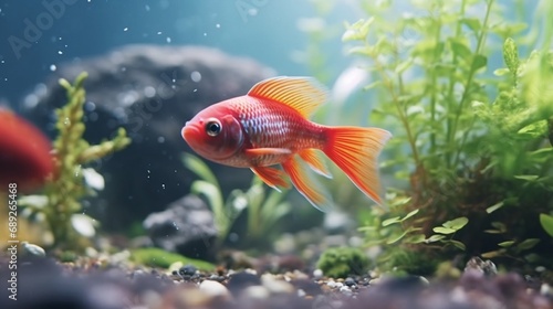 red fish swimming in a small aquarium.Generative AI © sudipdesign