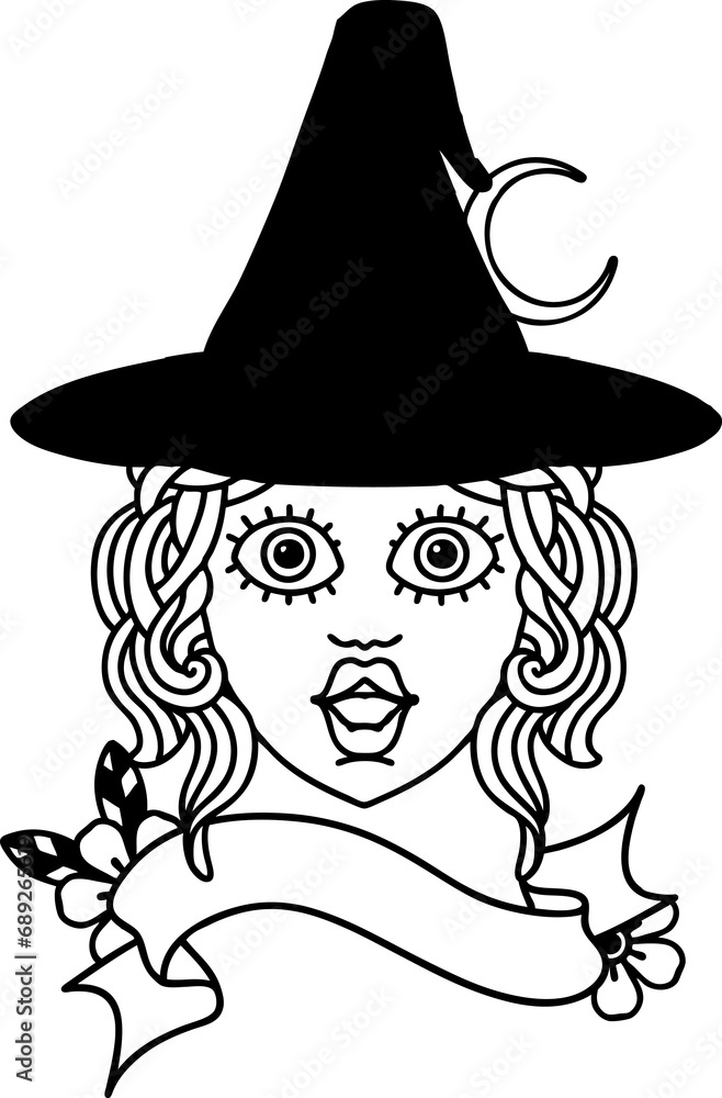 Black and White Tattoo linework Style human witch character face Black and White Tattoo linework Style human witch character face