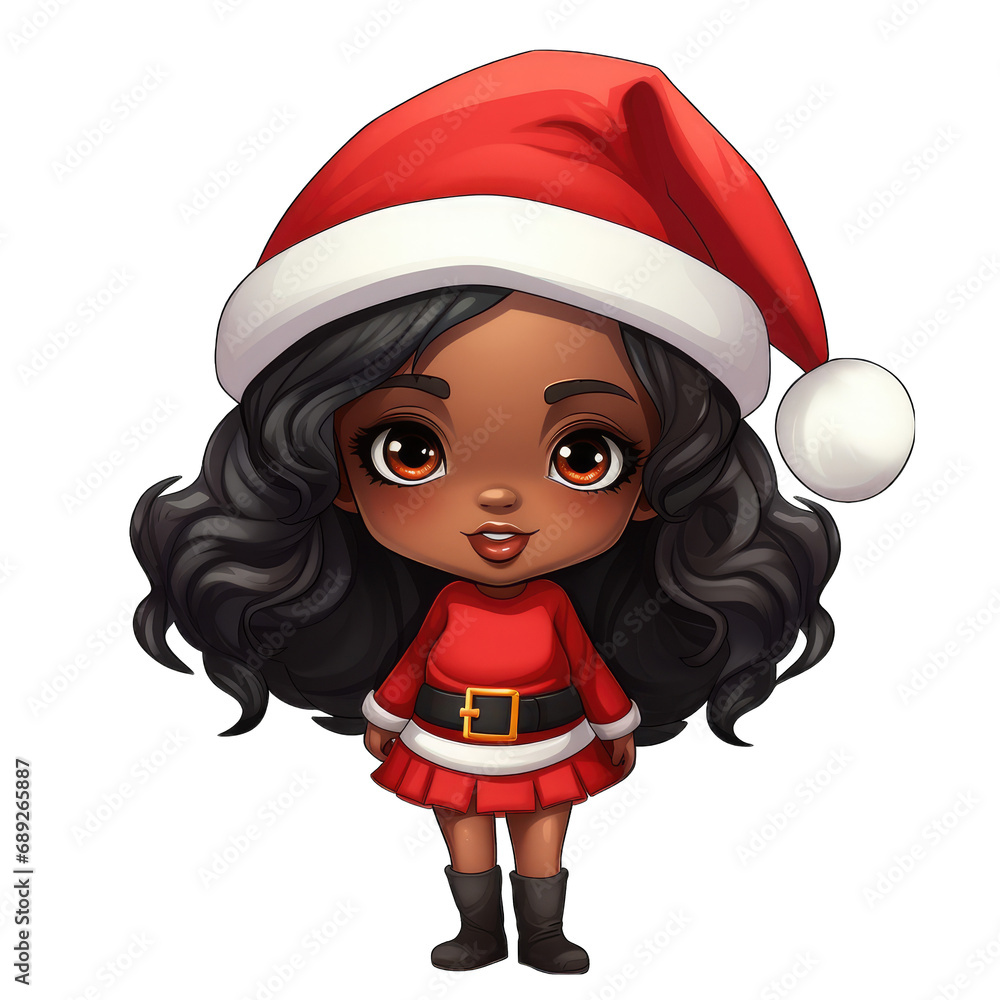 Cute African American girl cartoon wearing a santa claus holiday outfit, isolated, transparent background Cute African American girl cartoon wearing a santa claus holiday outfit, isolated, transparent background