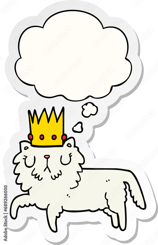 cartoon cat wearing crown with thought bubble as a printed sticker cartoon cat wearing crown with thought bubble as a printed sticker