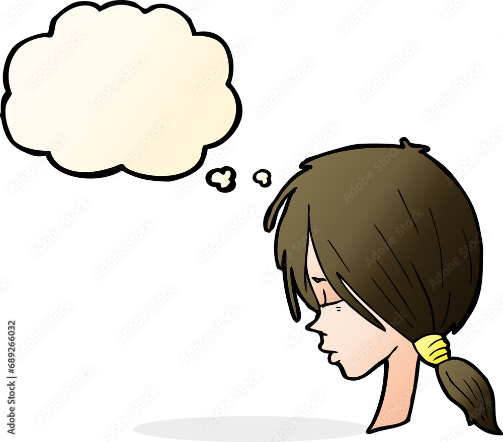 cartoon girl looking thoughtful with thought bubble