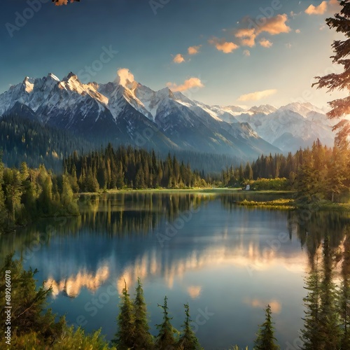 Beautiful nature landscape with mountains and lake