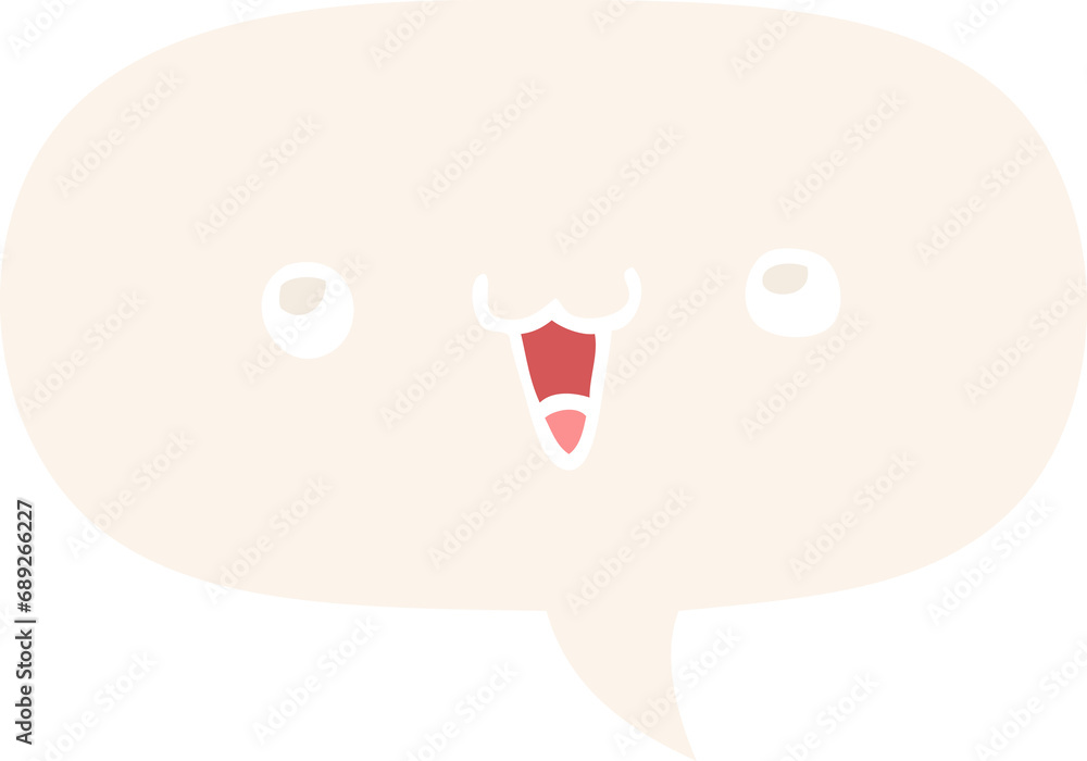 Naklejka premium cute happy face cartoon with speech bubble in retro style