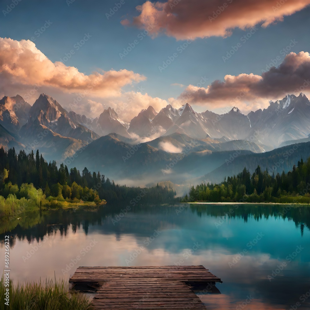 Beautiful nature landscape with mountains and lake