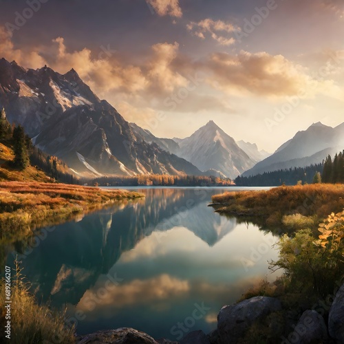 Beautiful nature landscape with mountains and lake