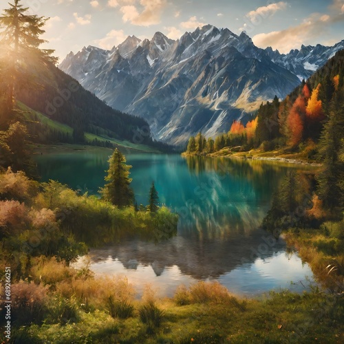 Beautiful nature landscape with mountains and lake © u