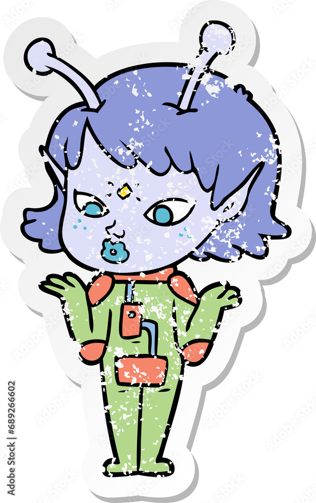 Fototapeta premium distressed sticker of a pretty cartoon alien girl