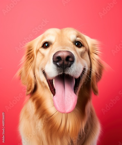 Beautiful golden retriever dog on pink background. dog studio portrait. front view. standing and facing . indoors. looking at camera. Tongue out. Dog Face CloseUp.