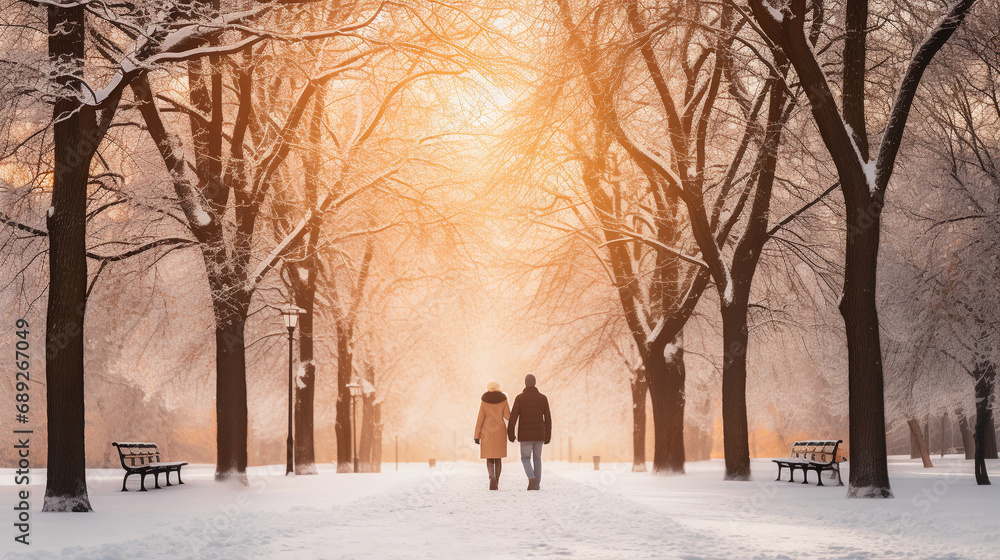 Couple's Winter Walk at Sunset in Snowy Park Couple's Winter Walk at Sunset in Snowy Park