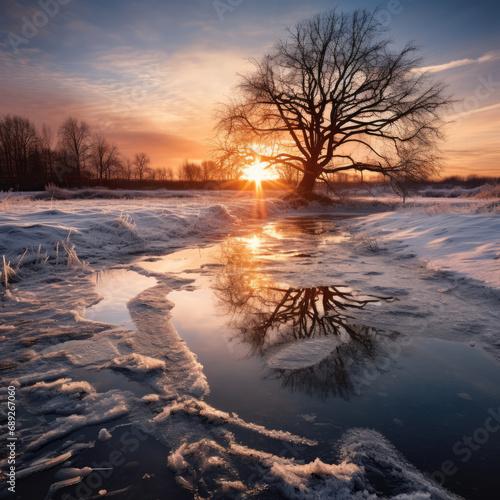 sunset on a frozen river
