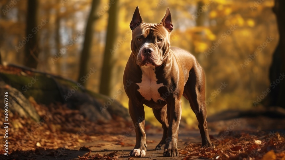 American Pit Bull enjoying a walk in a forest during the autumn season, surrounded by the warm and vibrant colors of fall foliage.