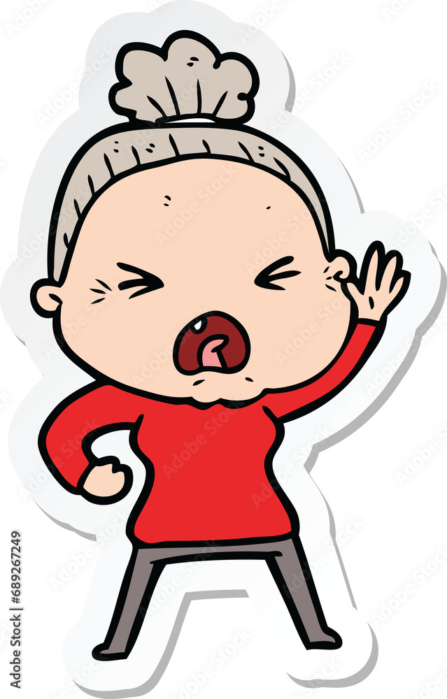 sticker of a cartoon angry old woman sticker of a cartoon angry old woman