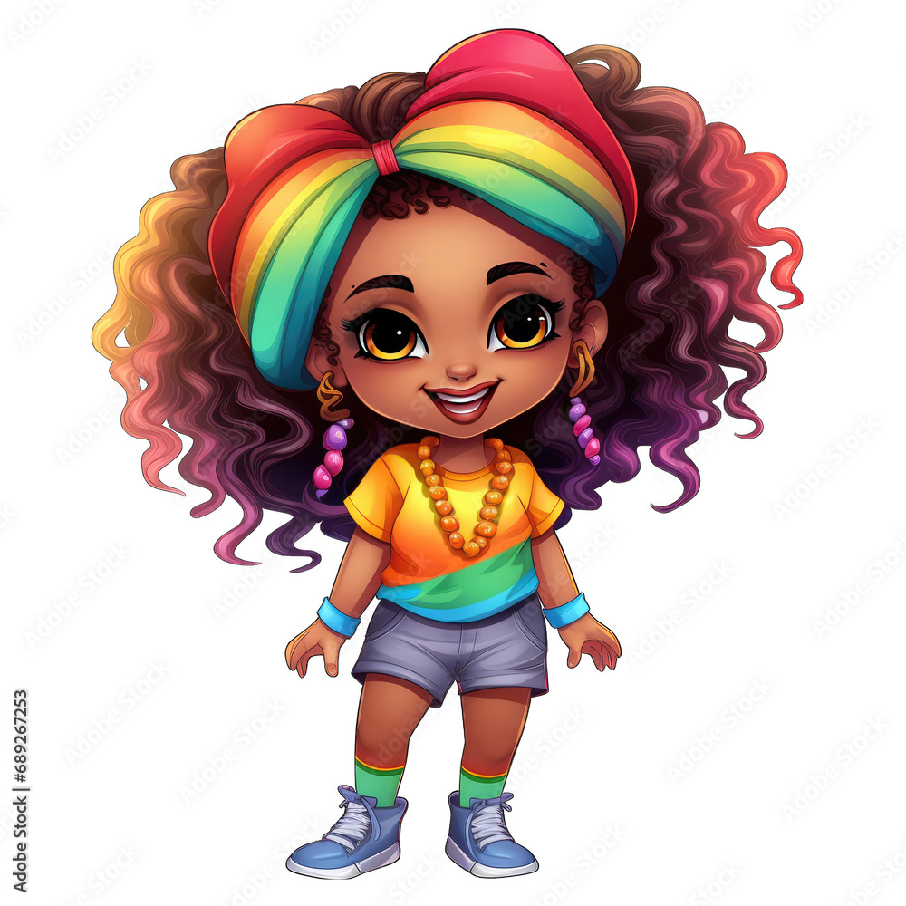 Cute African American girl cartoon, rainbow outfit isolated, transparent background