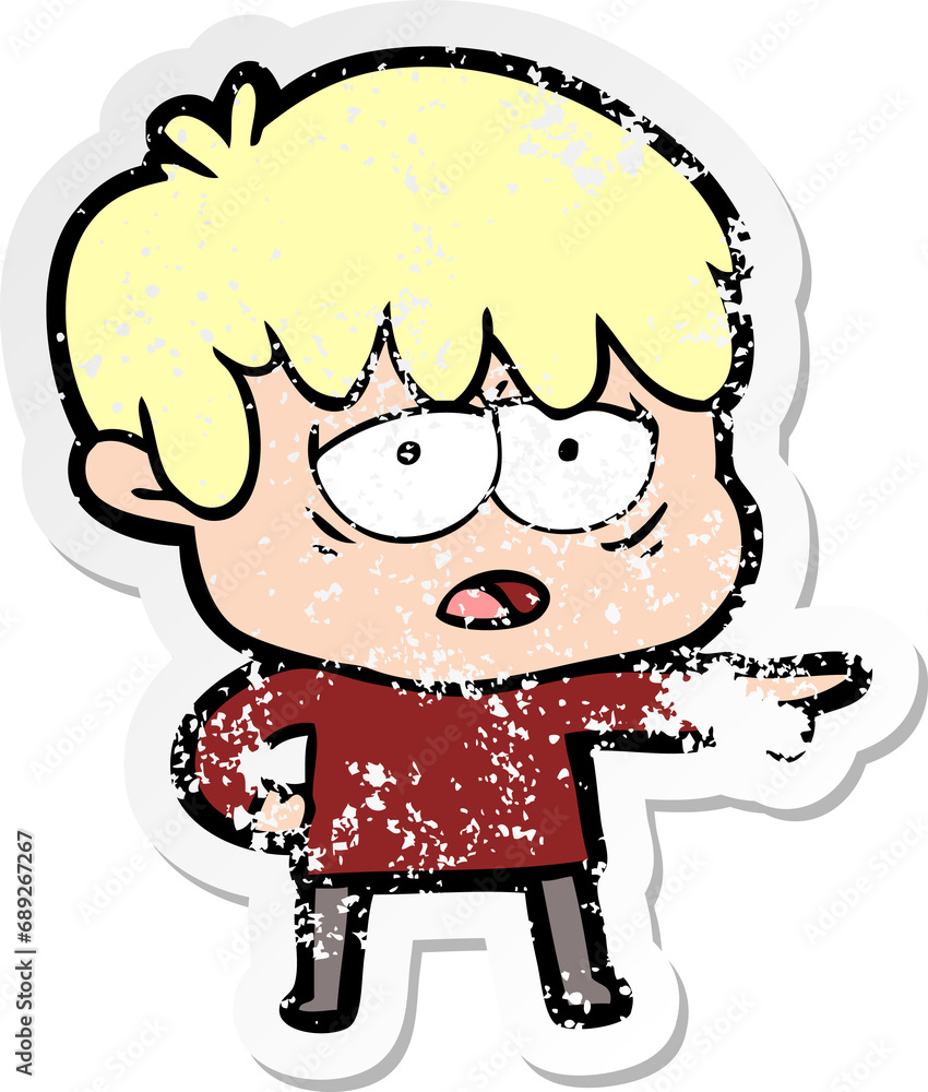 distressed sticker of a cartoon exhausted boy distressed sticker of a cartoon exhausted boy