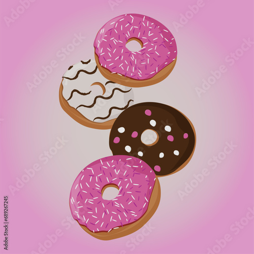 Donuts American donuts. Delicious sweet donuts. Cake Cookies. Food. Fast food. Sweet food. Sweets. Pink with powder, white with spread and brown with marshmallow. Vector illustration