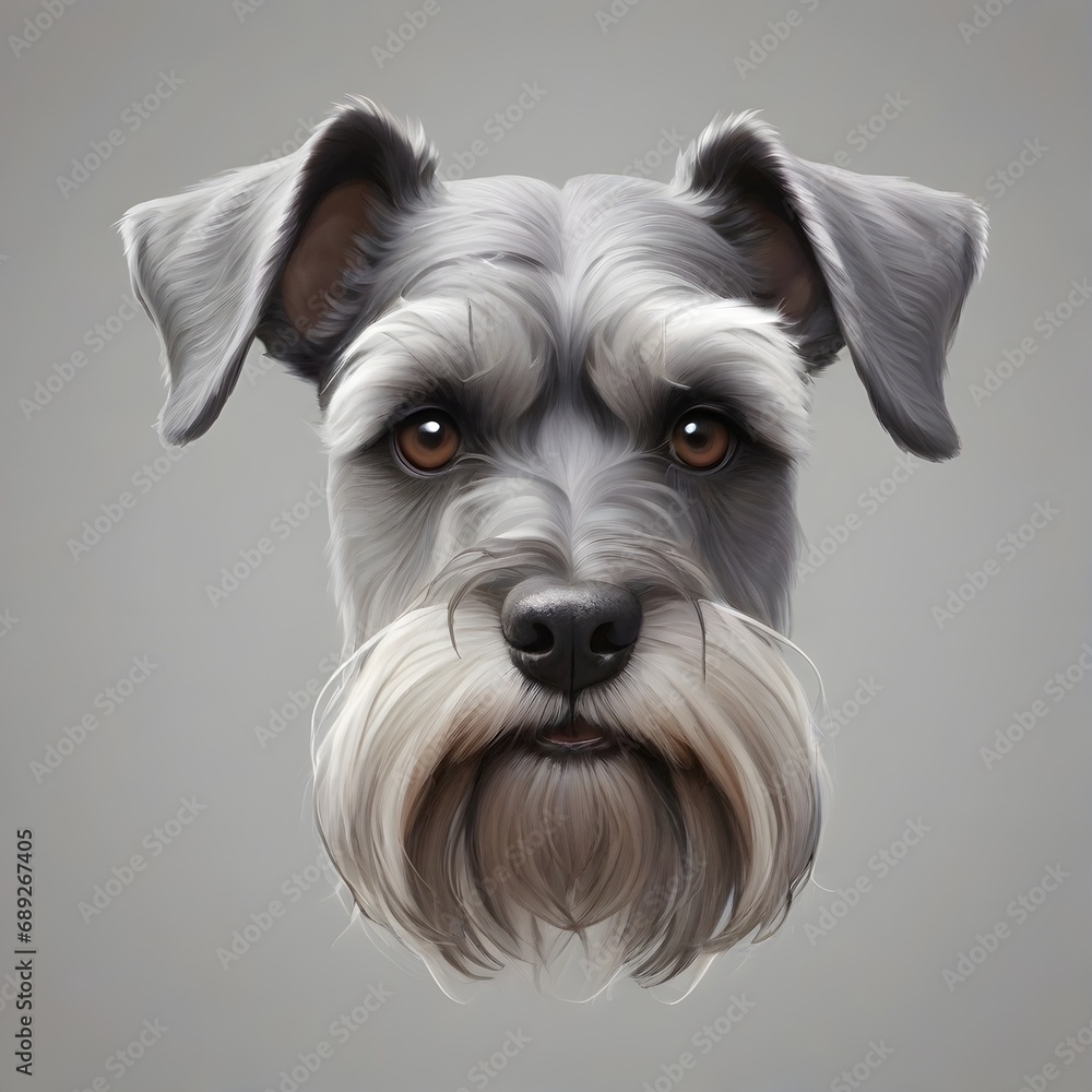 black schnauzer dog head. illustration. Gray background. Generative AI