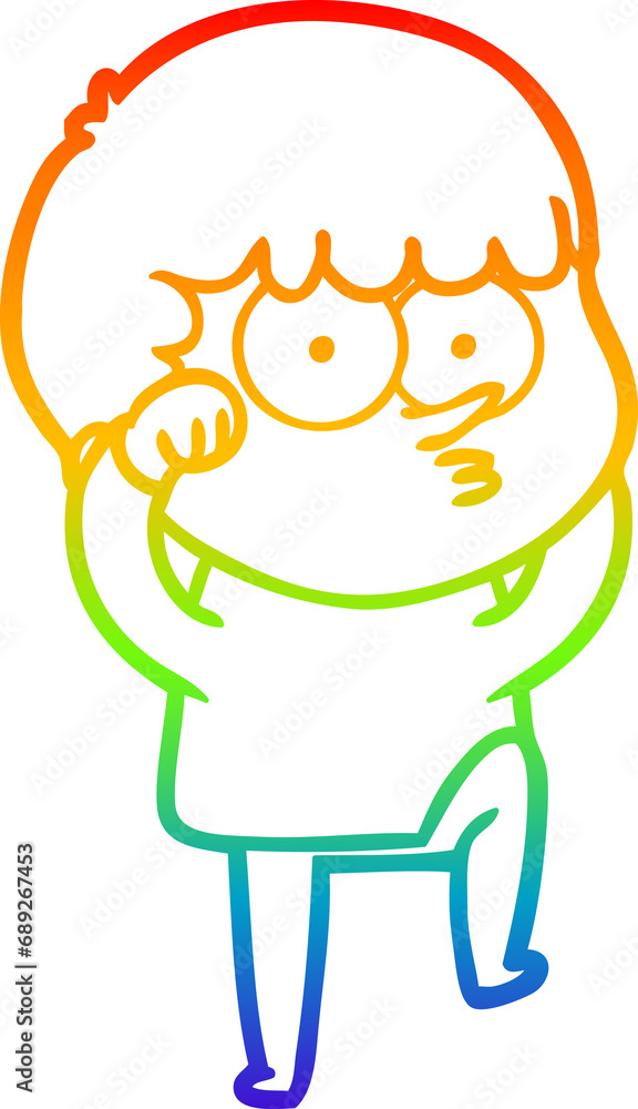 rainbow gradient line drawing of a cartoon curious boy rubbing eyes in disbelief rainbow gradient line drawing of a cartoon curious boy rubbing eyes in disbelief