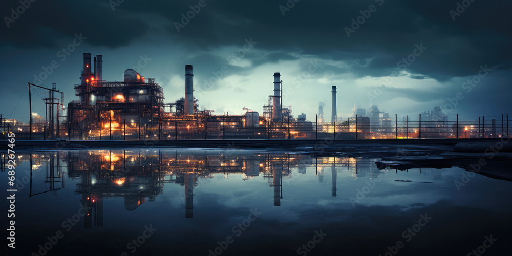 Obraz premium Refinery at night, emitting smoke, symbolizing industrial pollution and the environmental impact of petrochemical and chemical processes.