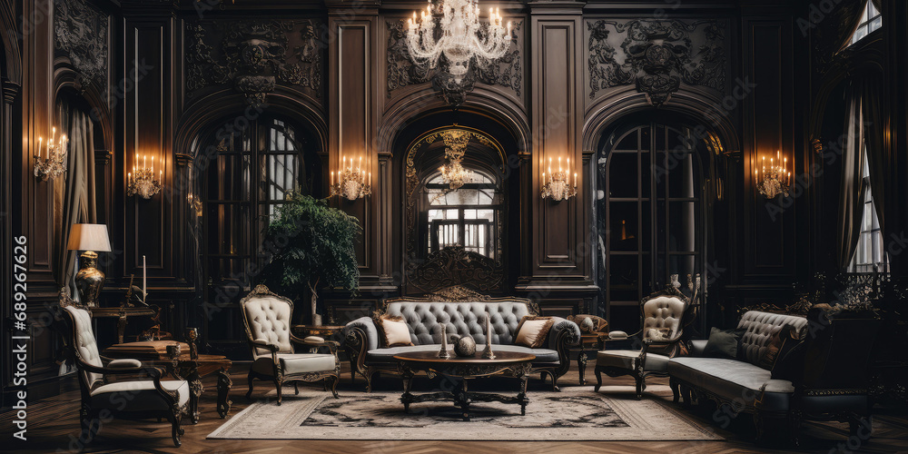 Luxurious vintage rich interior in dark colors. - obrazy, fototapety, plakaty 