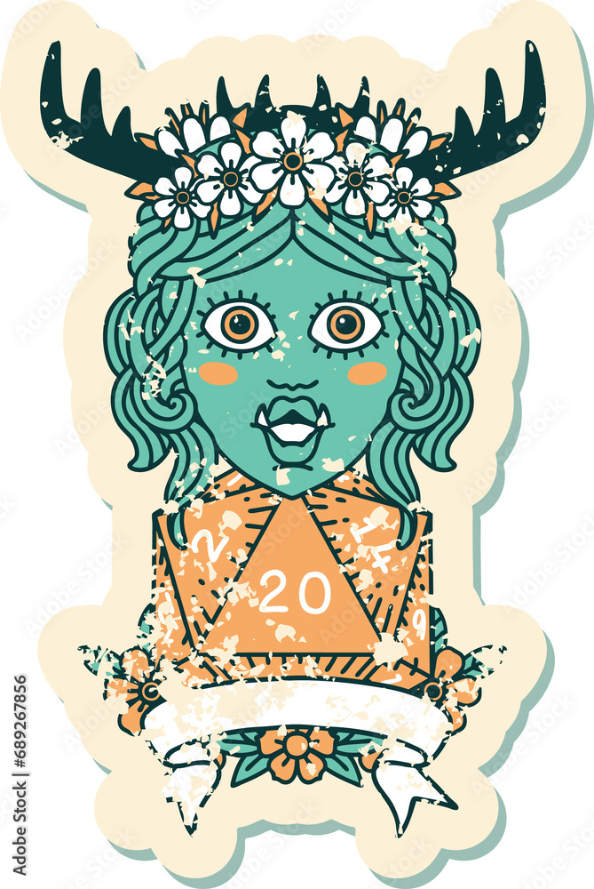 Retro Tattoo Style orc druid character with natural twenty dice roll Retro Tattoo Style orc druid character with natural twenty dice roll