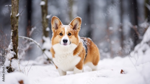 Welsh Corgi Cardigan taking a stroll in a snowy forest, creating a picturesque winter scene.