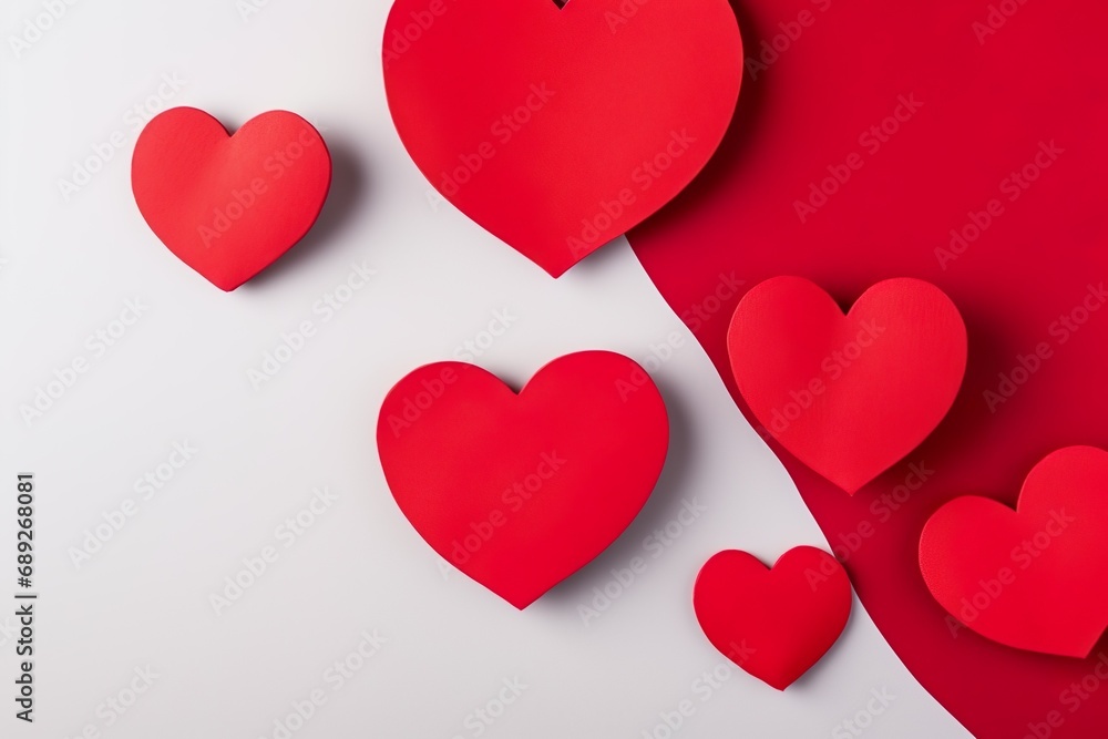 arrangement of paper red hearts  on white background with copy space