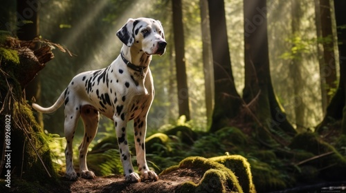 Dalmatian joyfully exploring the forest, its tail wagging in excitement as it takes in the sights and scents of the natural surroundings. photo