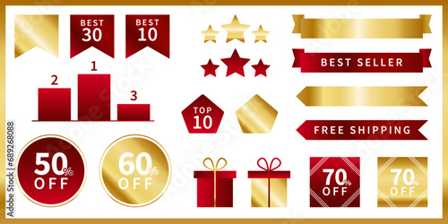 Set of vector red and gold stickers for discounts and promotions. Badges for business and best sellers and best products. Stars, ribbons, flags, crowns