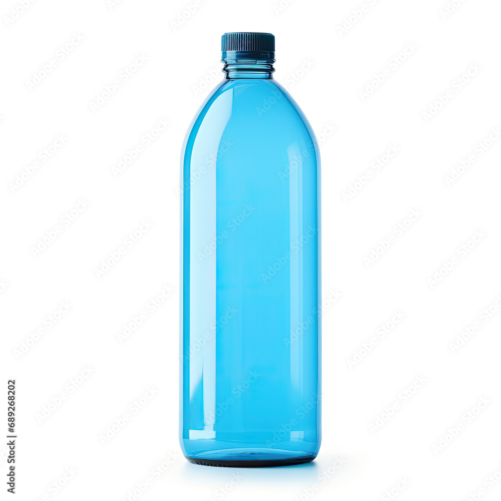 Blue Transparent Bottle with Screw Cap, Packshot Mockup Isolated on White Background Blue Transparent Bottle with Screw Cap, Packshot Mockup Isolated on White Background