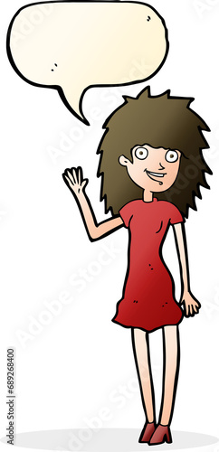 cartoon happy woman waving with speech bubble