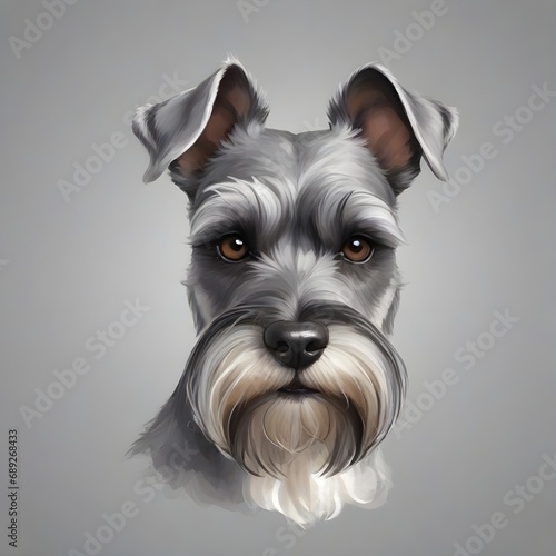 black schnauzer dog head. illustration. Gray background. Generative AI