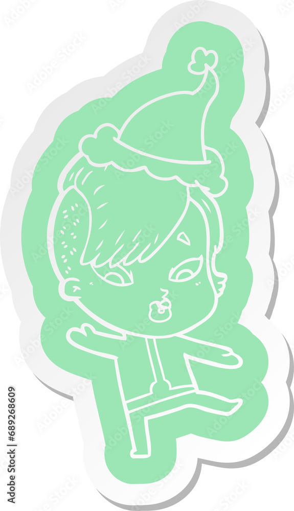 Fototapeta premium quirky cartoon sticker of a surprised girl in science fiction clothes wearing santa hat