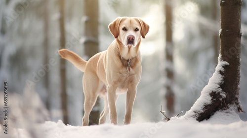 A Labrador Retriever It taking a stroll in a snowy forest, creating a picturesque winter scene.