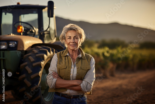 Senior old professional woman standing in front of tractor machine and smiling cheerfully to camera arms crossed. Pretty happy female farmer worker in field at farm. Agricultural work.