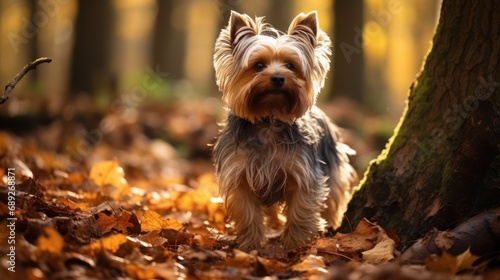 Yorkshire Terrier enjoying a walk in a forest during the autumn season, surrounded by the warm and vibrant colors of fall foliage. © DreamPointArt