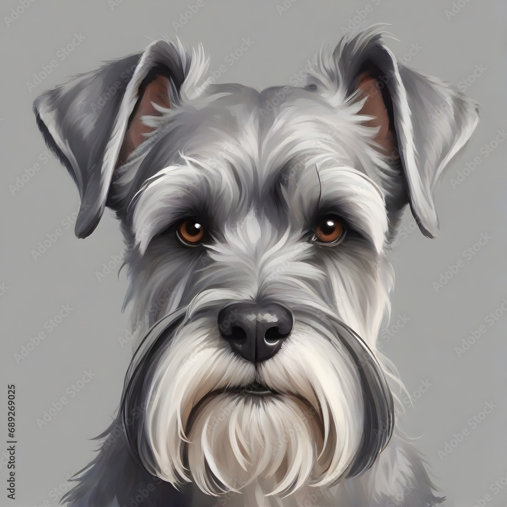 black schnauzer dog head. illustration. Gray background. Generative AI