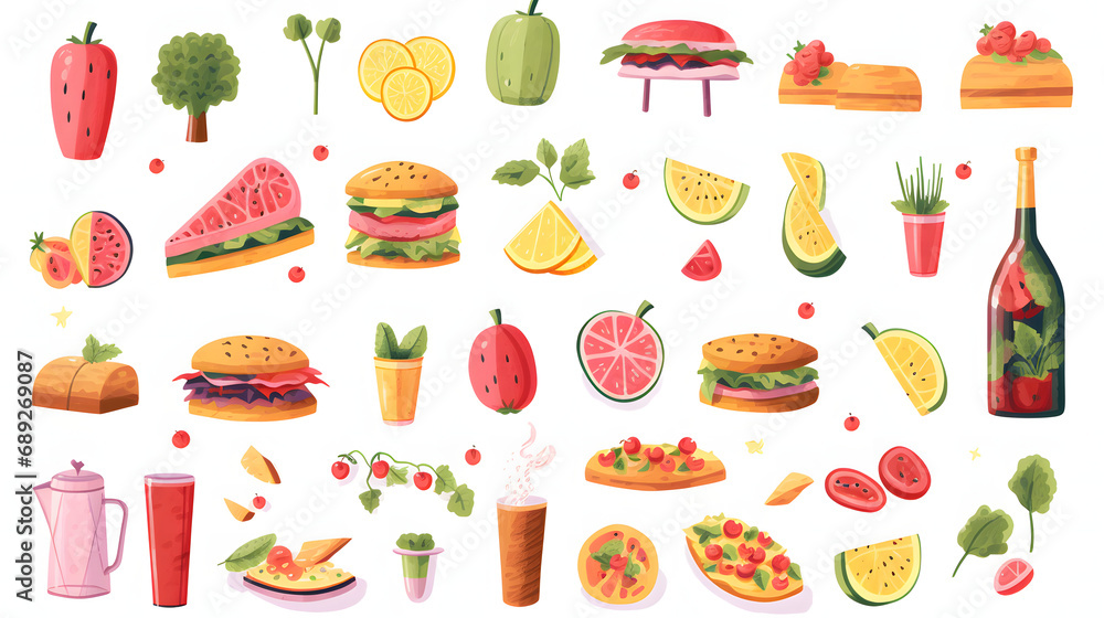 set of different picnic food and drinks snacks fruits. set of different picnic food and drinks snacks fruits.