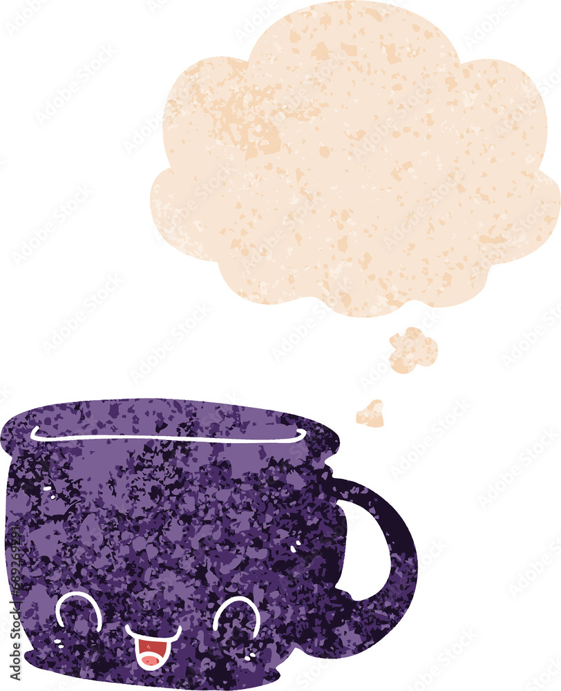 cartoon cup of coffee with thought bubble in grunge distressed retro textured style cartoon cup of coffee with thought bubble in grunge distressed retro textured style